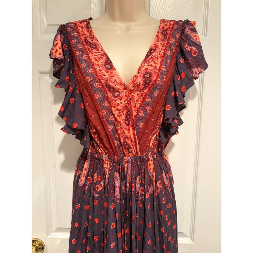 Bluivy Boho Paisley Maxi Dress NWT Small Festival Cottagecore Rayon Navy Coral